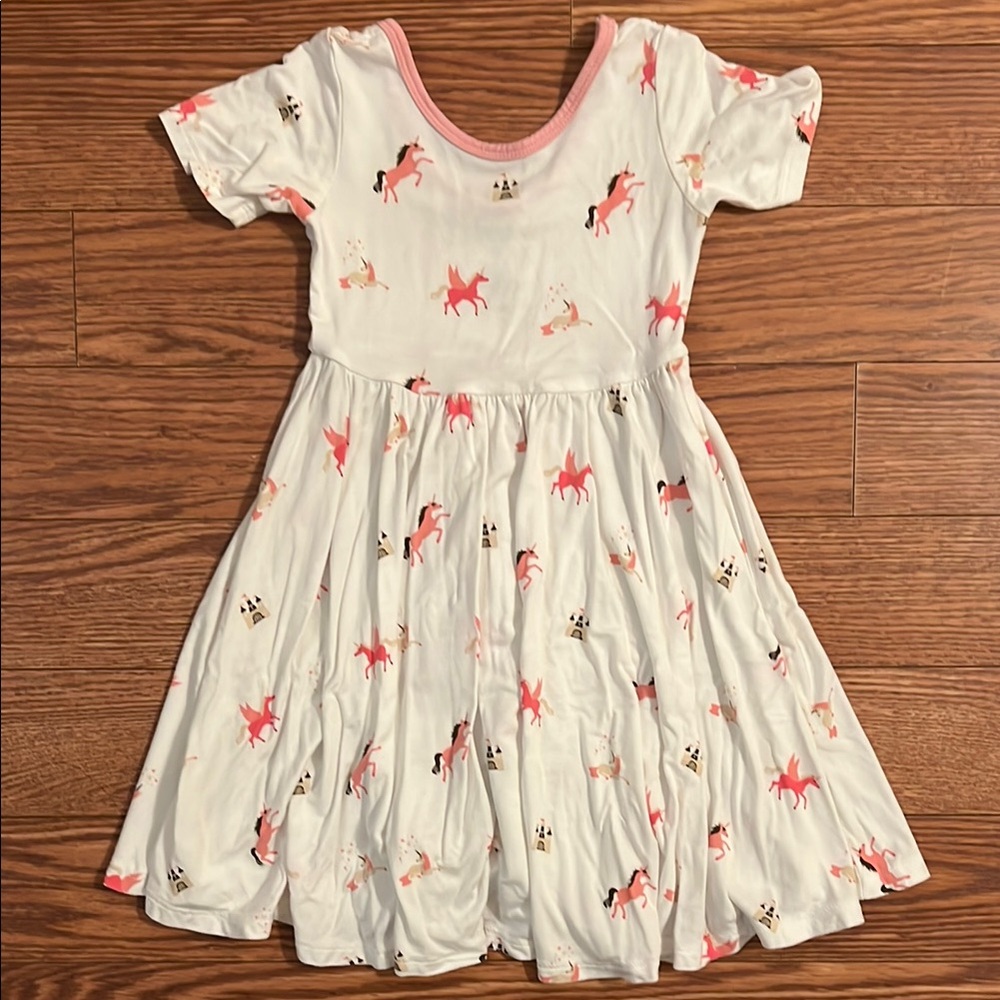 Kyte Baby Twirl Dress - Unicorn/Fairytale Print Kids Dress - White and Pink